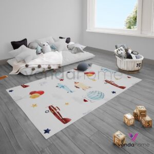 Uçan Balon ve Uçak Desenli Çocuk Odası Halısı