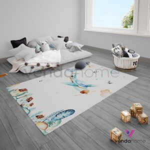 Sulu Boya Tayyare Bulutlu Çocuk Odası Halısı