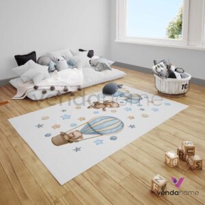 Sevimli Ayıcık Renkli Yıldızlar ve Balon Çocuk Odası Halısı